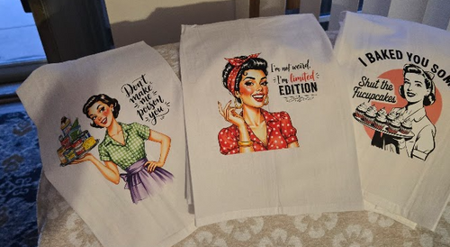 Funny Retro Tea Towels. Sassy Kitchen Towels. Vintage Housewife Humor. Flour Sack Dish Towels