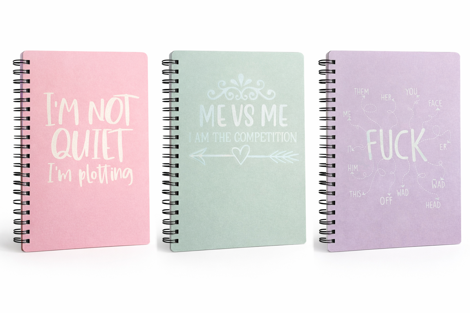 Sassy Spiral Notebook Set. Funny Motivational Journals. “I’m Not Quiet, I’m Plotting” + “Me vs Me” + “F*ck It” | Giftable Stationery