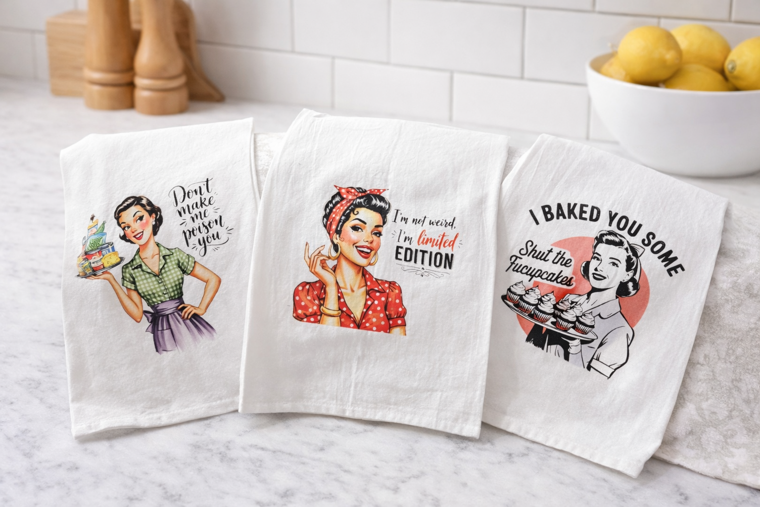 Funny Retro Tea Towels. Sassy Kitchen Towels. Vintage Housewife Humor. Flour Sack Dish Towels